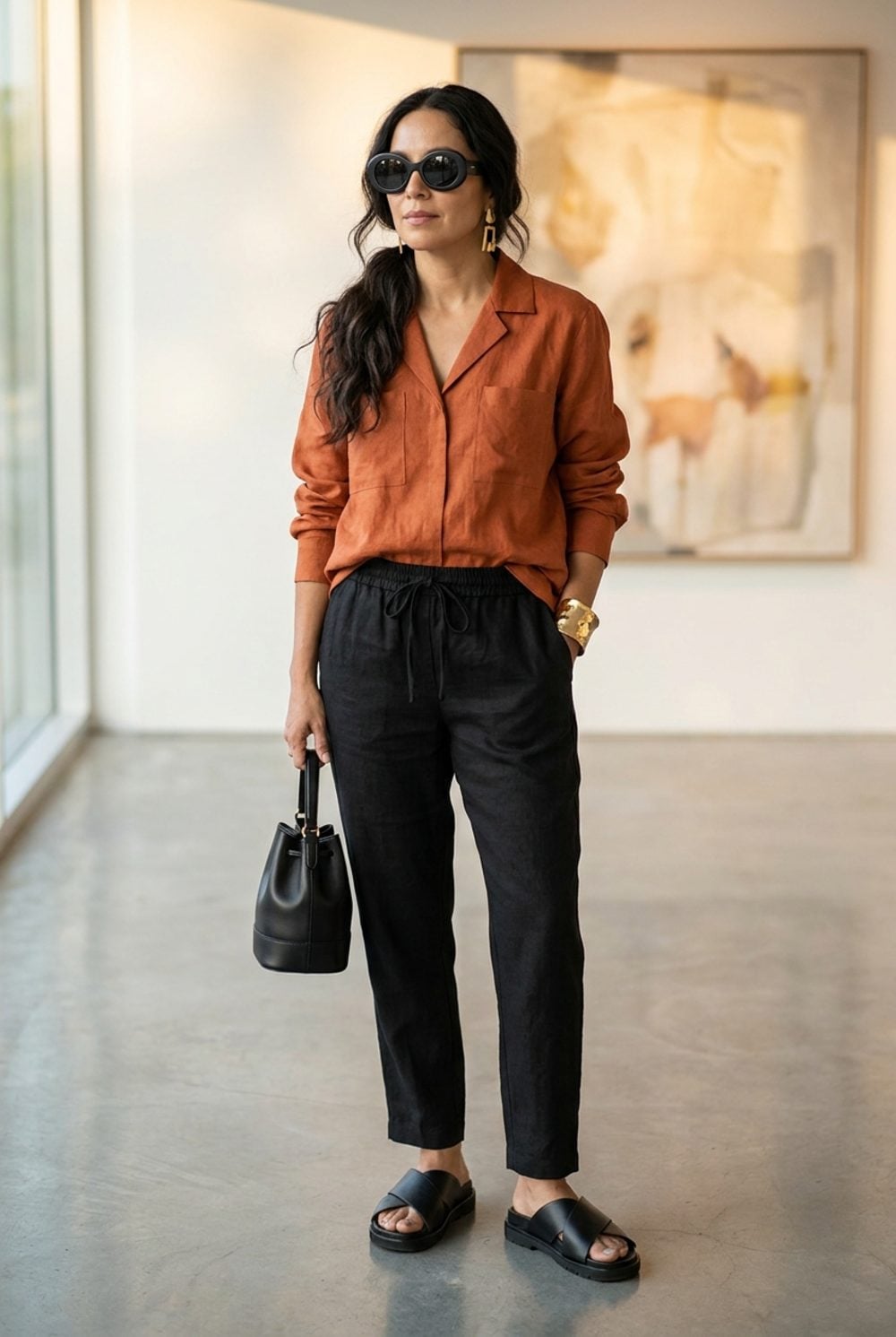 Burnt Orange Linen Against Black Drawstring Trousers Proves Two Pieces Is Enough