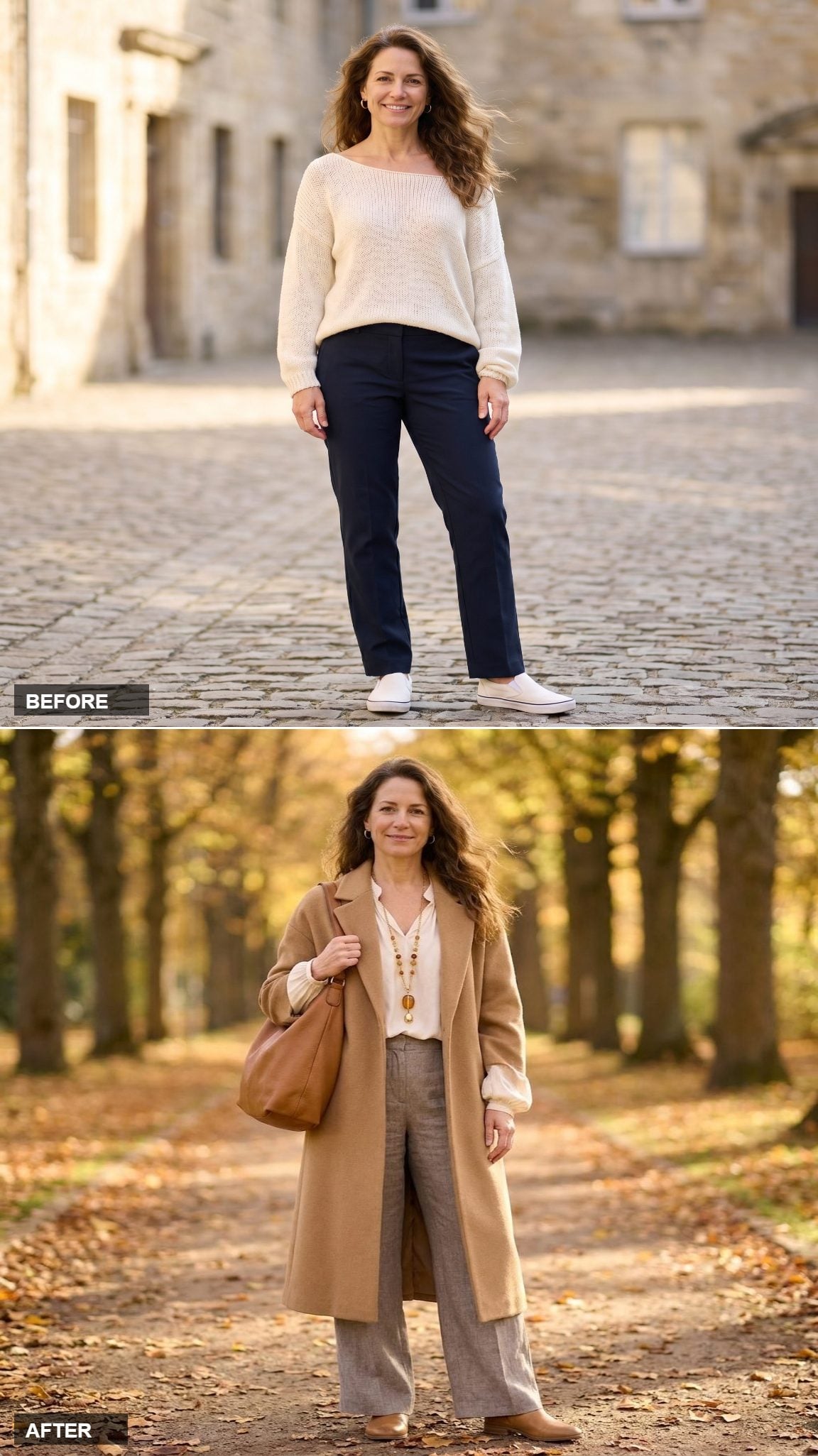 Camel Wool Coat Over Cream Silk Boho Blouse and Wide-Leg Linen: Winter Without the Puffer