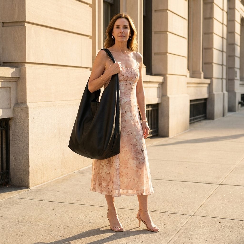 Carrying an Oversized Tote That Swallows the Proportions of a Delicate Feminine Outfit