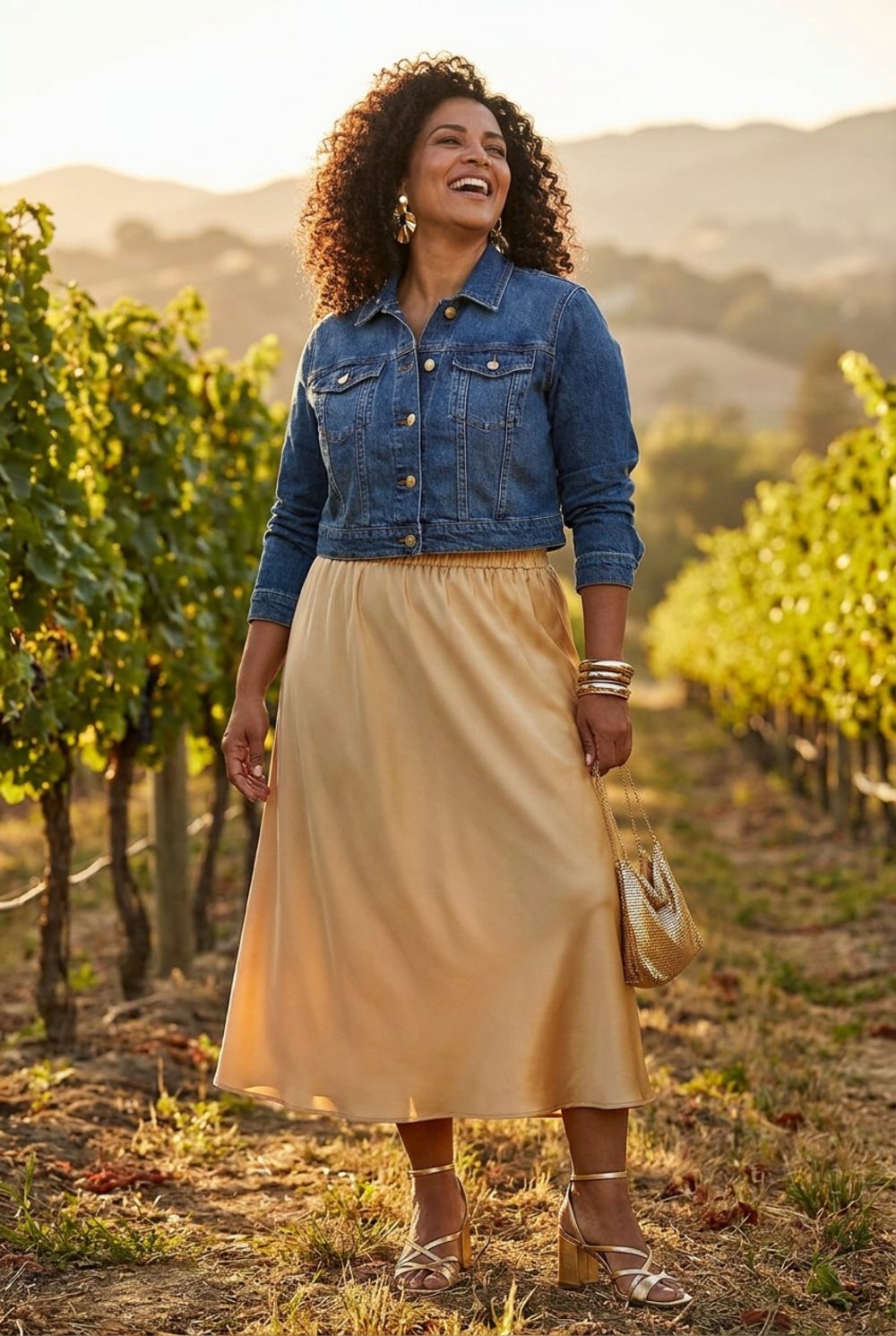 Champagne Satin Midi Under a Cropped Denim Jacket Looks Like a Woman Who Said Yes