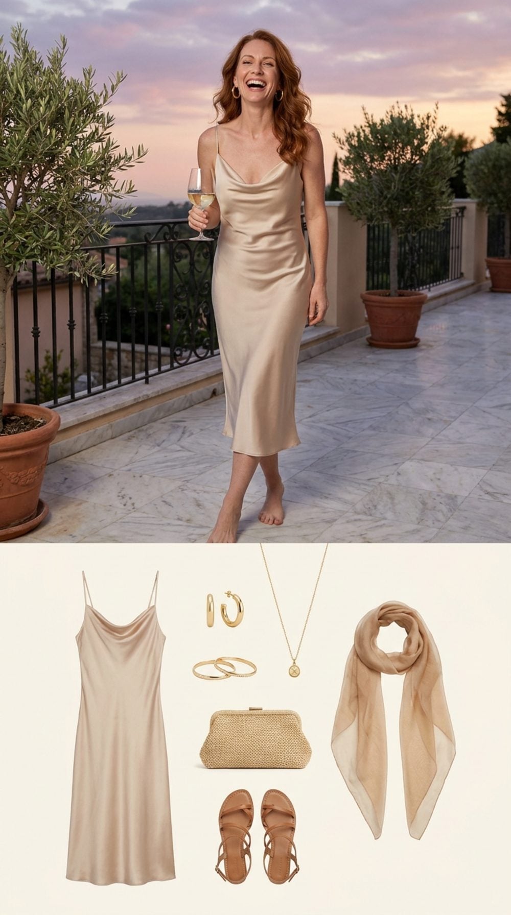 The Champagne Silk Slip Midi Dress, Gold Hoops, and Bare Feet on Marble