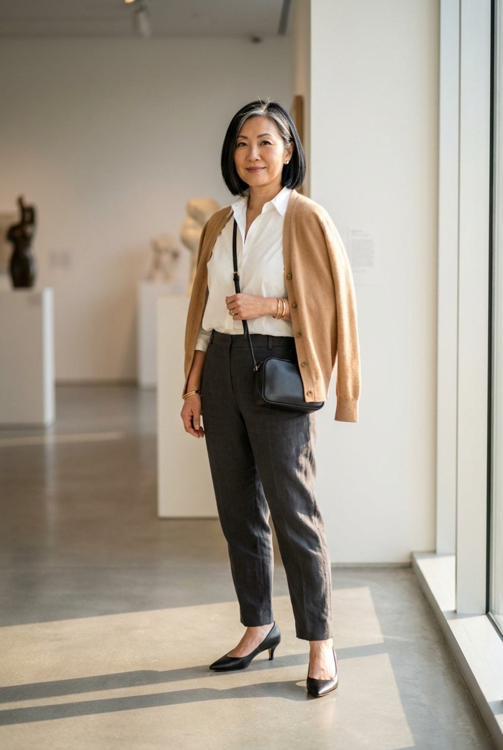 Charcoal Linen Trousers Ground a Camel Cardigan for Gallery-Ready Polish