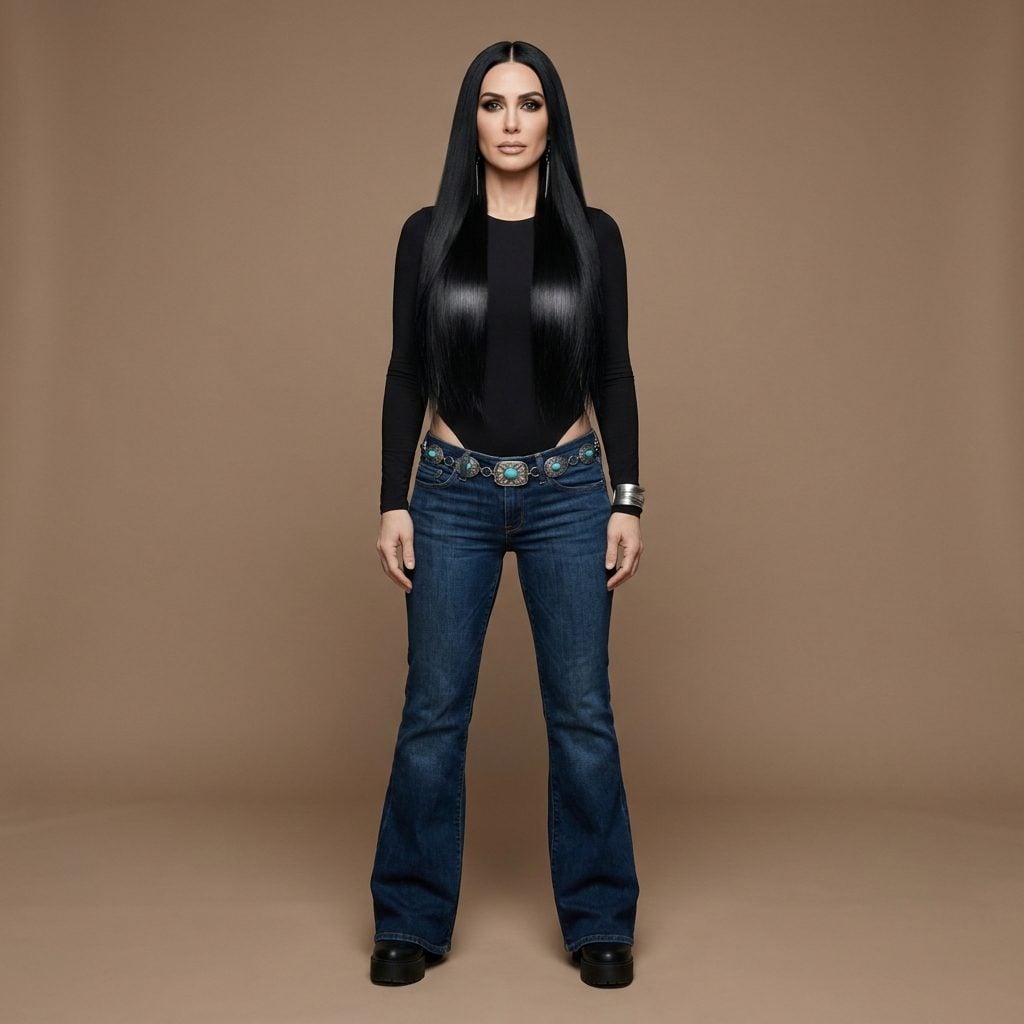Cher's Dead-Straight Jet Black Hair Parted Perfectly Down the Center