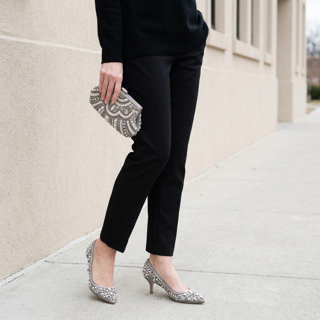Choosing Heavily Embellished Shoes When the Bag Is Already Beaded or Metallic