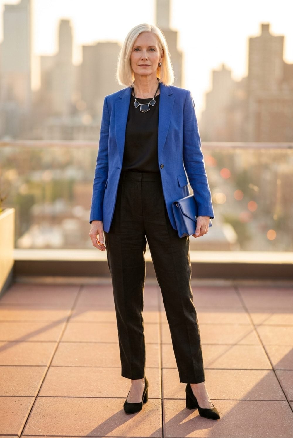 Cobalt Blazer Against All-Black Linen Proves One Bold Piece Is Enough