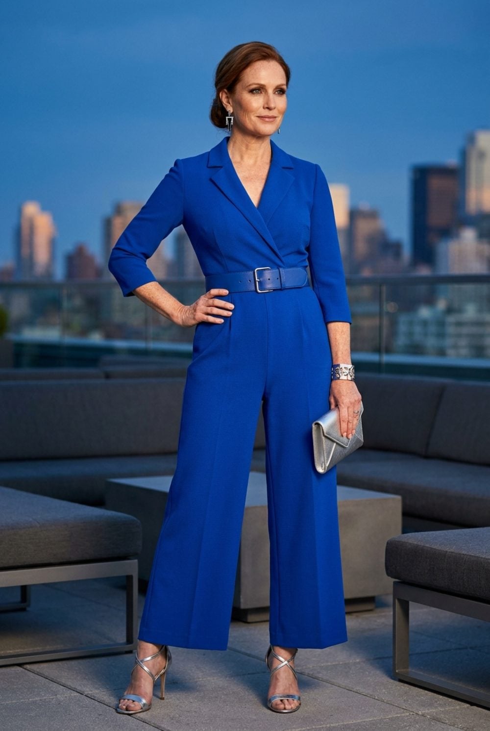 Cobalt Blue Belted Jumpsuit with Silver Accessories Owns Every Rooftop It Enters