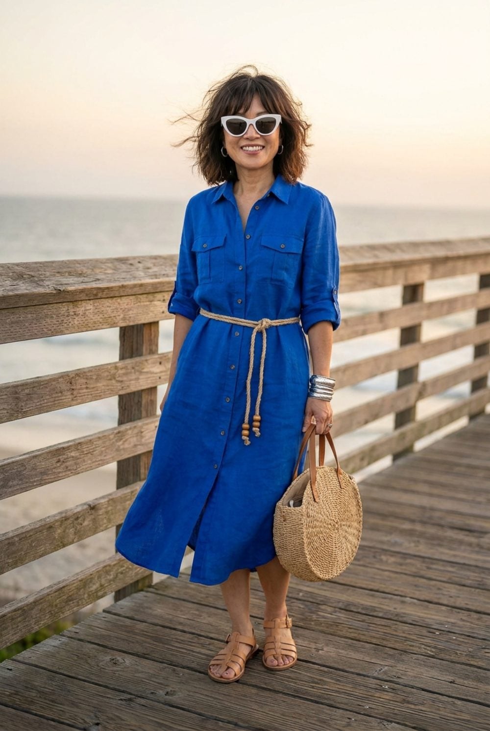 Cobalt Blue Linen Shirtdress With a Rope Belt on a Boardwalk at Golden Hour