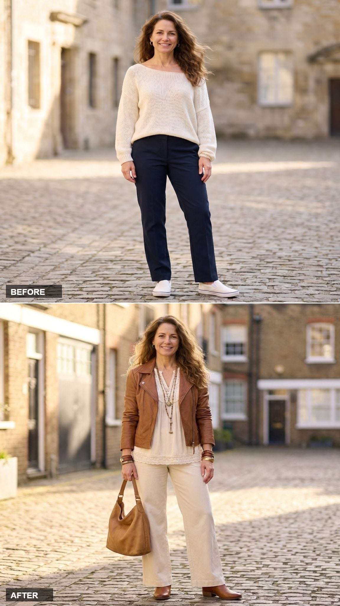 Cognac Leather, Layered Boho Necklaces, and a Lace-Trim Blouse That Changes Everything