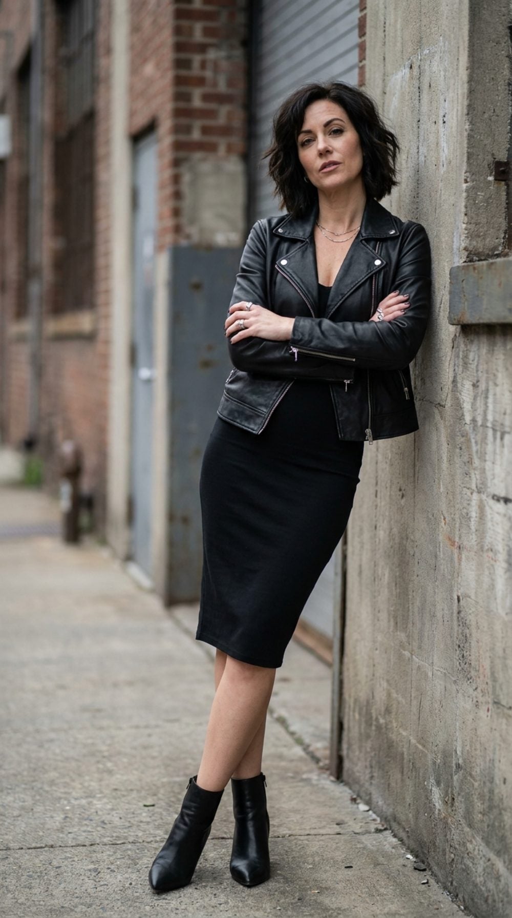 Concrete Wall, Leather Jacket, Arms Crossed Like She Means It