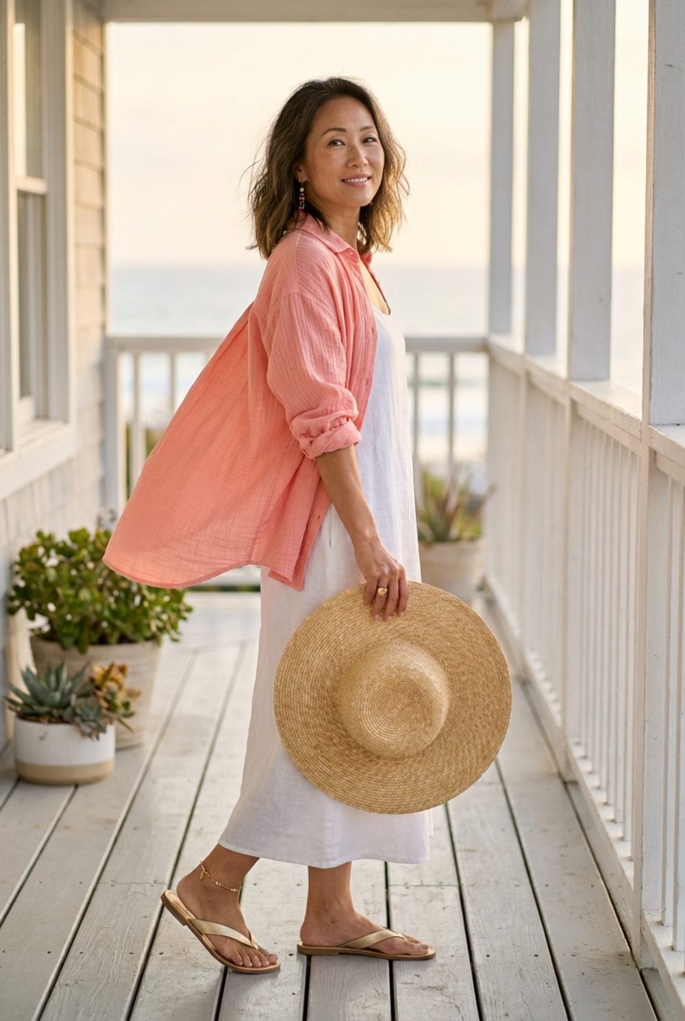 Coral Gauze Over White Linen: the Outfit of a Woman Who Finally Exhaled