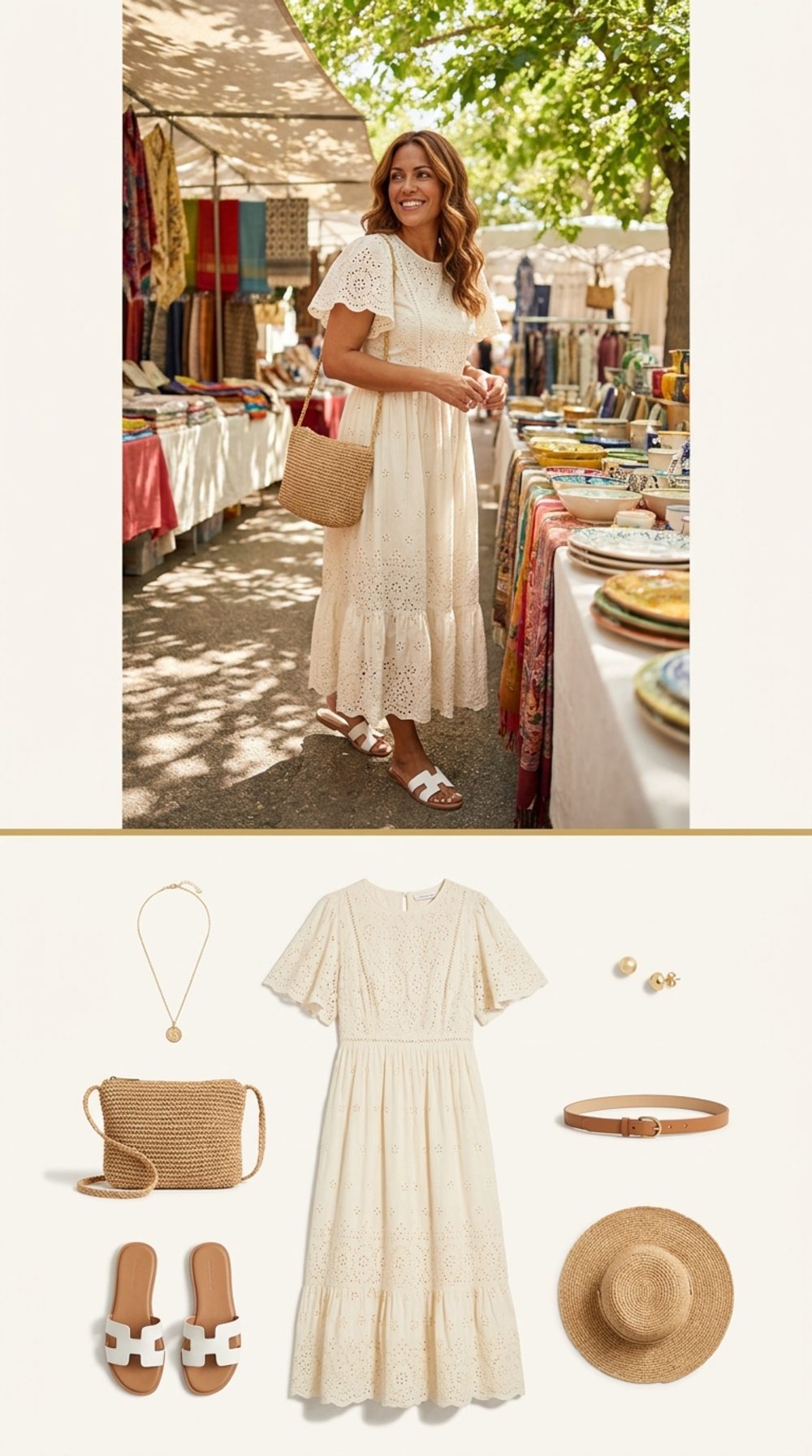 Cream Broderie Anglaise Midi Dress with Flutter Sleeves