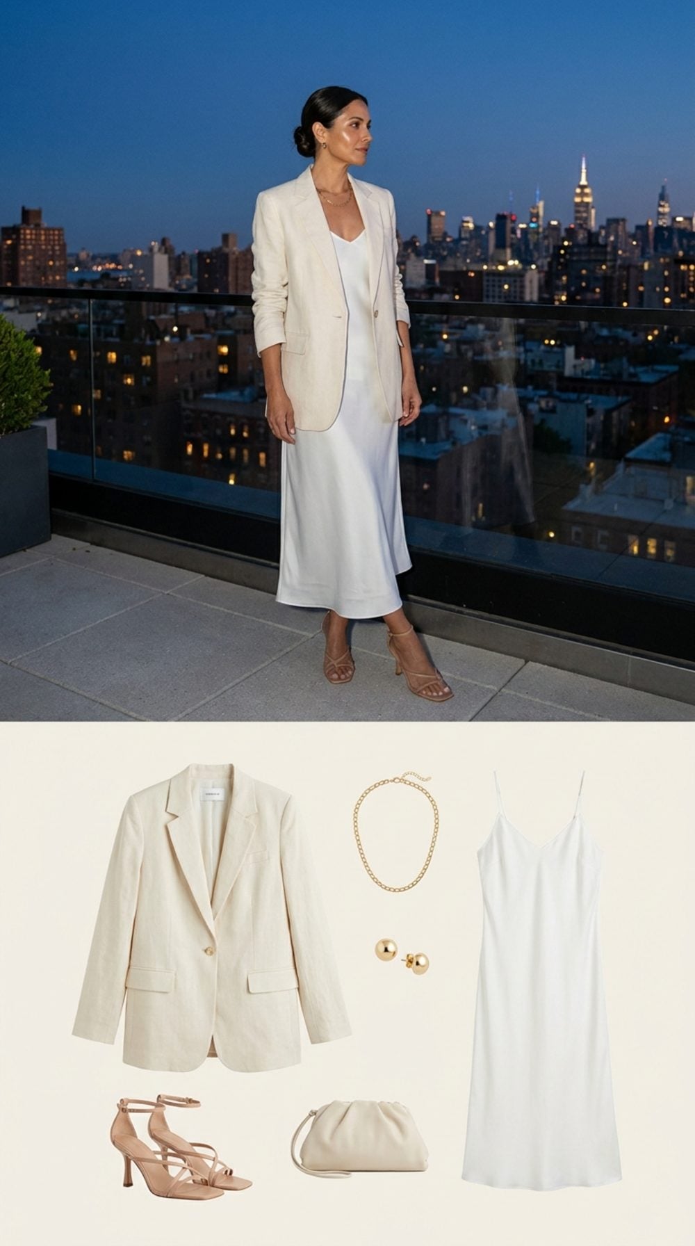 Cream Linen Blazer Over a White Slip Dress on a Rooftop at Blue Hour