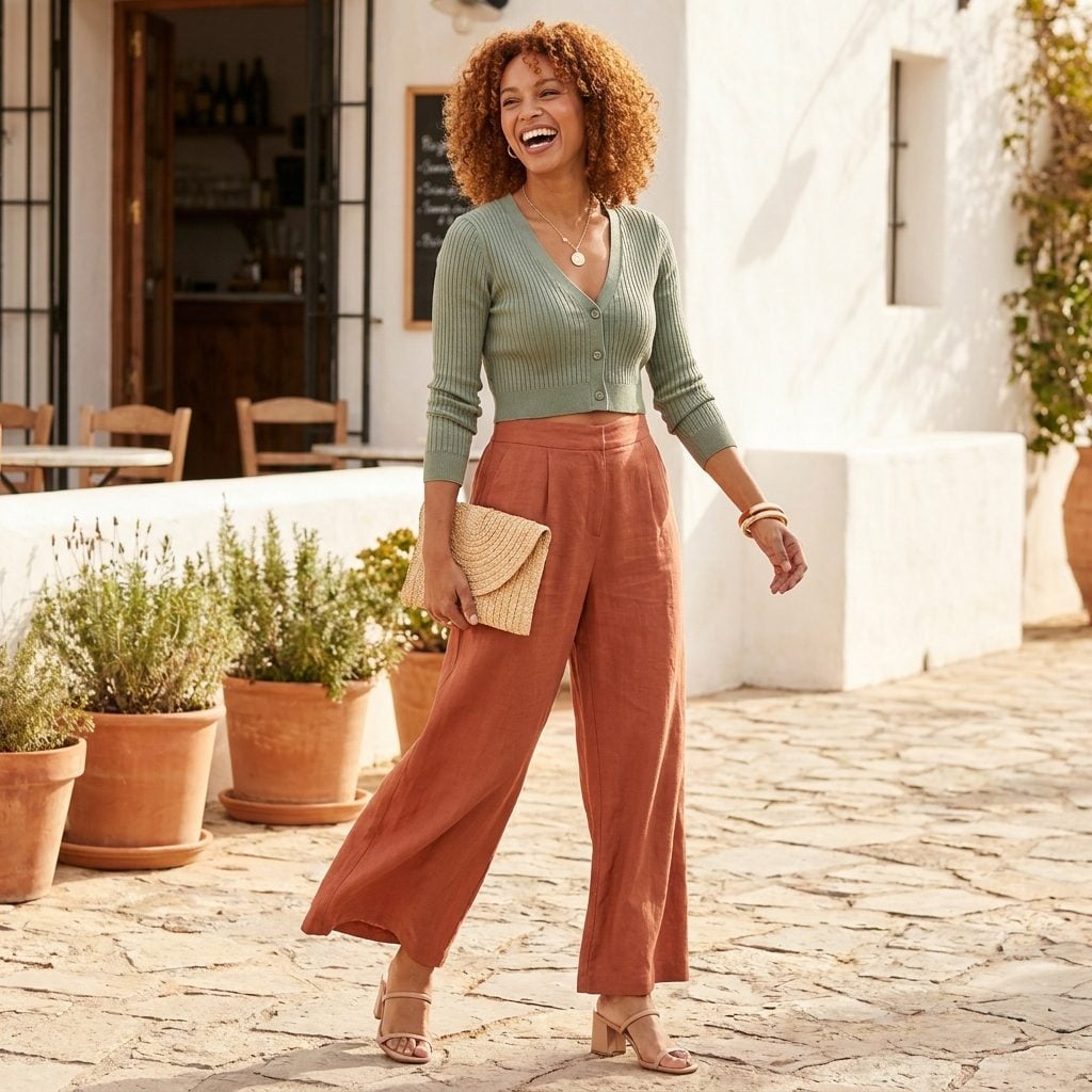 Cropped Cardigan Buttoned Up as a Top with Block-Heel Sandals and Flowy Wide-Leg Pants