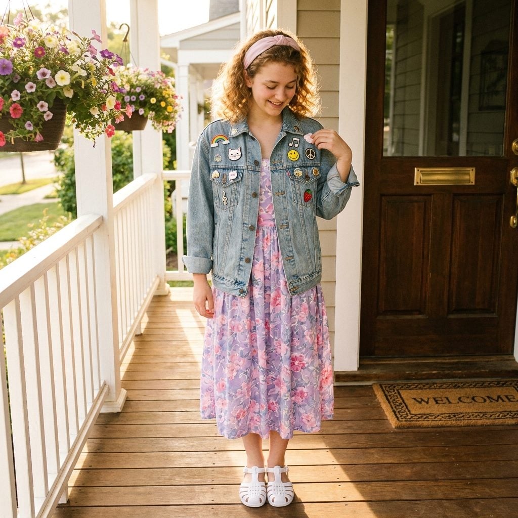 Cropped Denim Jacket Covered in Enamel Pins Over a Pastel Floral Sundress