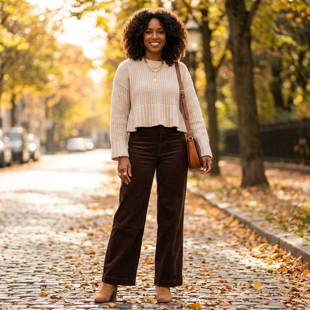 Cropped Knit Sweater with a Slight Hem Flare and Low Block-Heel Boots