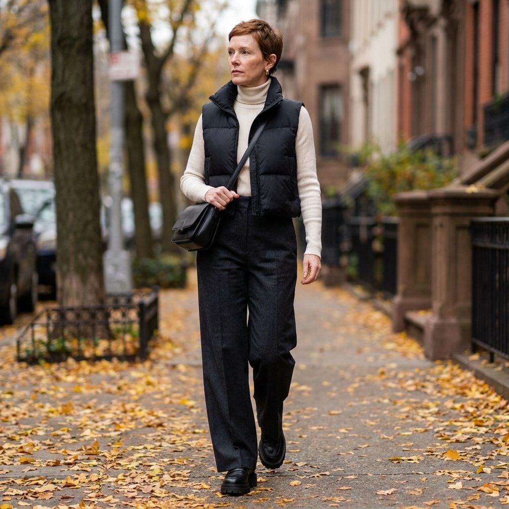Cropped Puffer Vest Over a Slim Turtleneck with Chunky Loafers