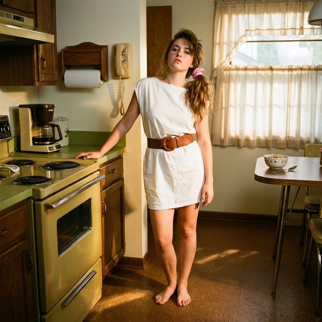 Dad's Leather Belt Cinching a Pillowcase as a 'Designer Dress' With Bare Feet on the Kitchen Linoleum