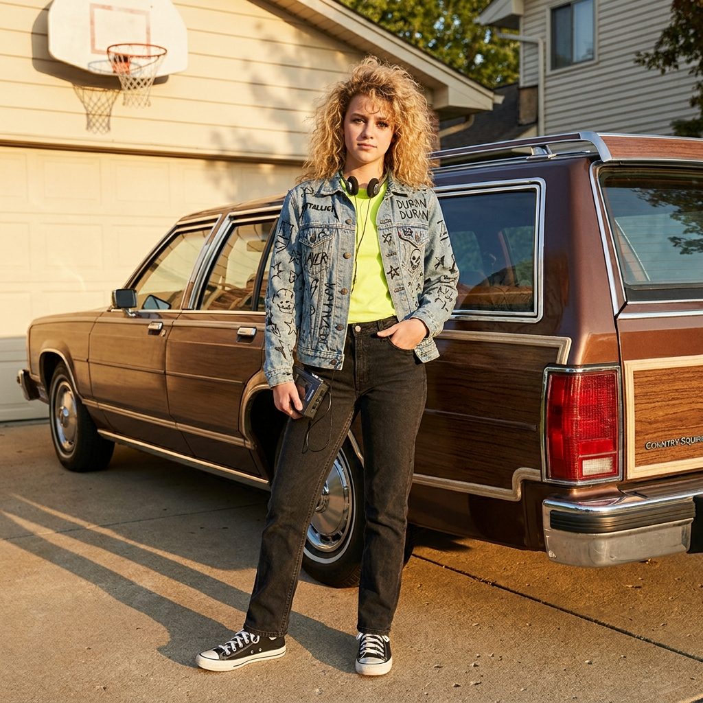A Denim Jacket Covered in Hand-Drawn Band Logos Over a Fluorescent Yellow Tee