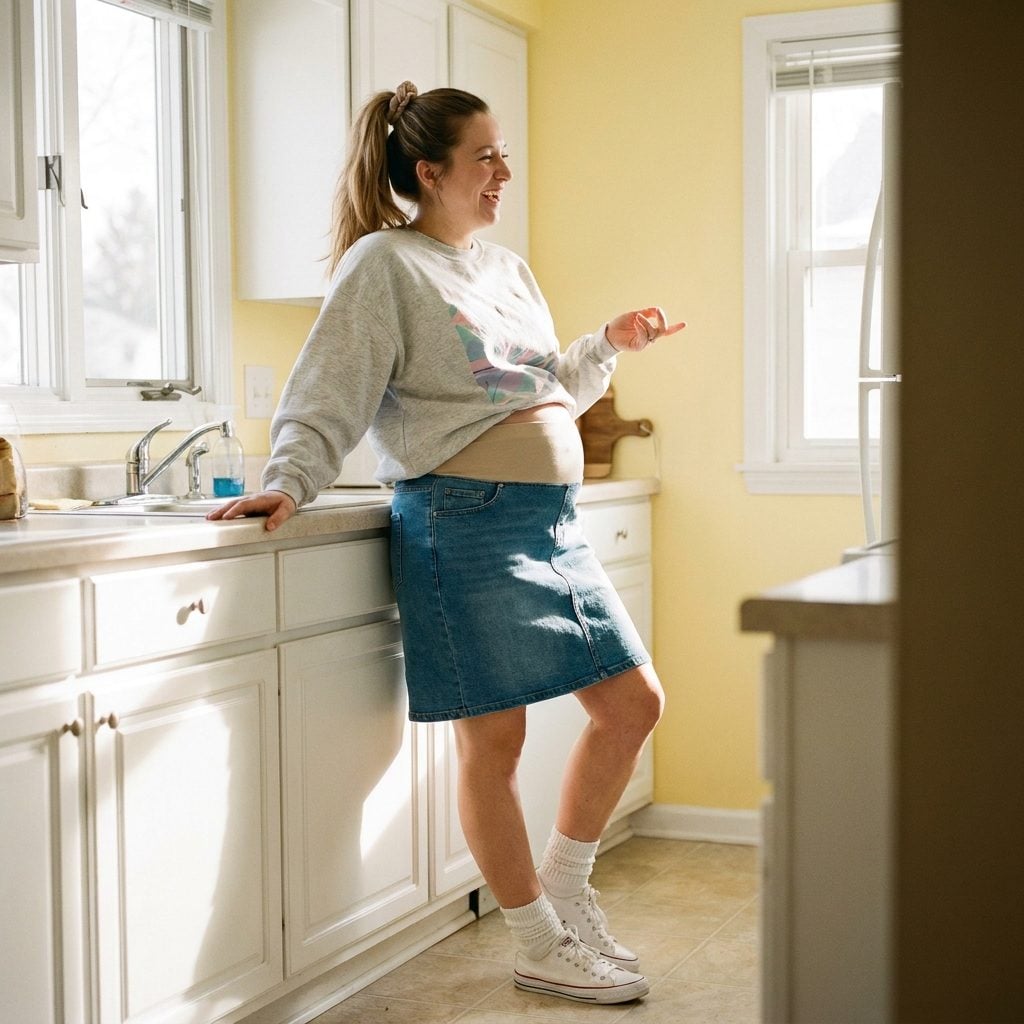 The Denim Maternity Skirt with an Elastic Panel and a Graphic Sweatshirt Tucked Right Into It