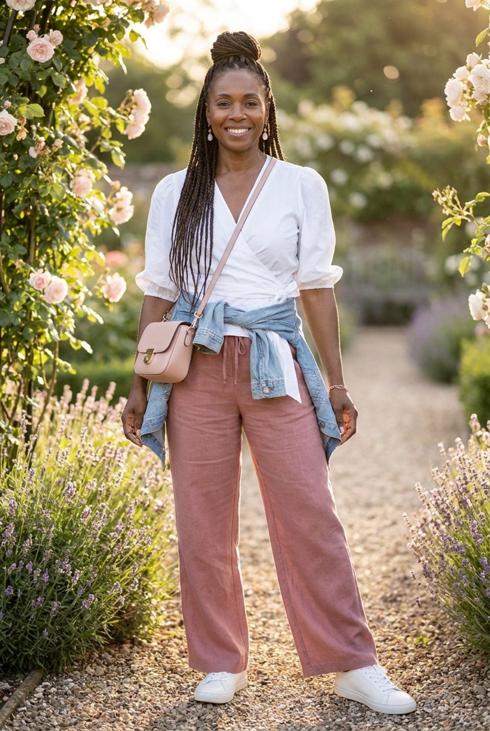 Dusty Rose Drawstring Linen Gets a Denim Jacket Tied at the Waist for Good Measure