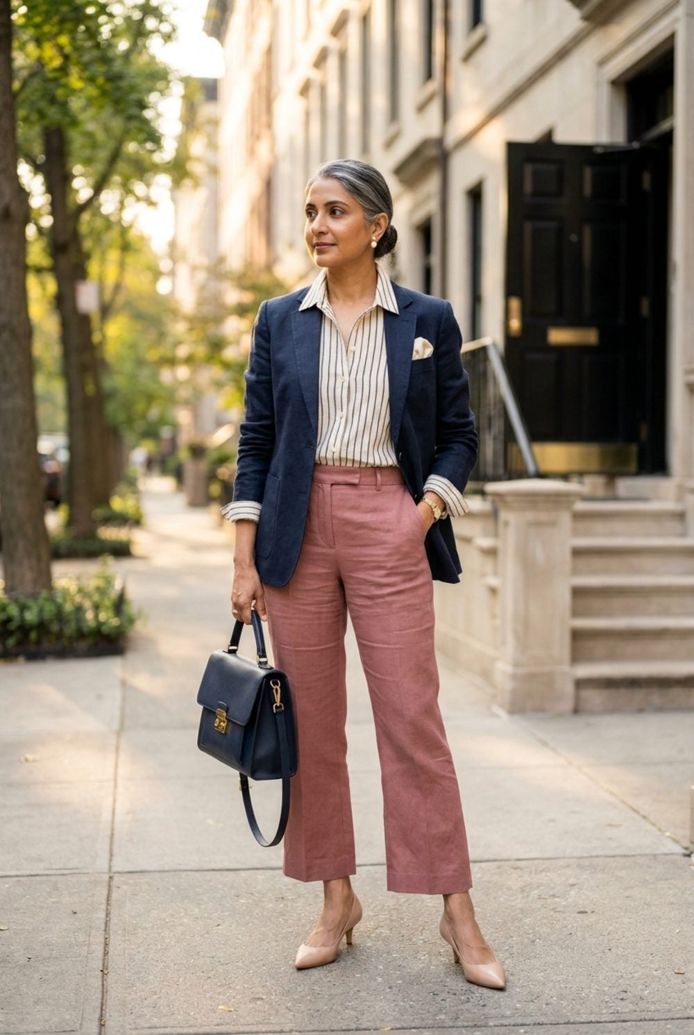Dusty Rose Linen Trousers Under a Navy Blazer: The Three-Color Rule in Action
