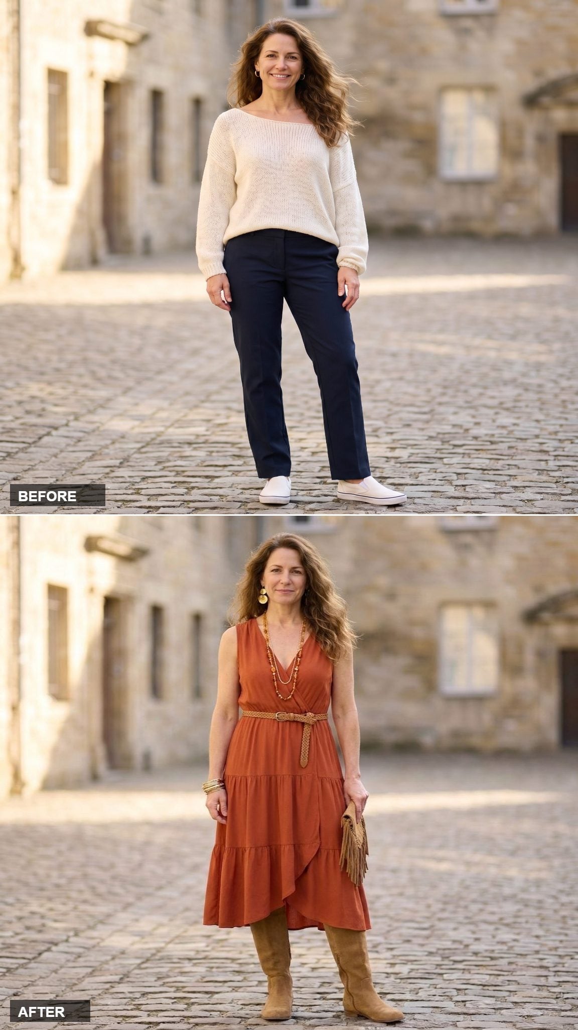 Dusty Rose Linen Wide-Legs, a Sheer Printed Scarf as a Top, and Gold Hoop Earrings the Size of a Dare