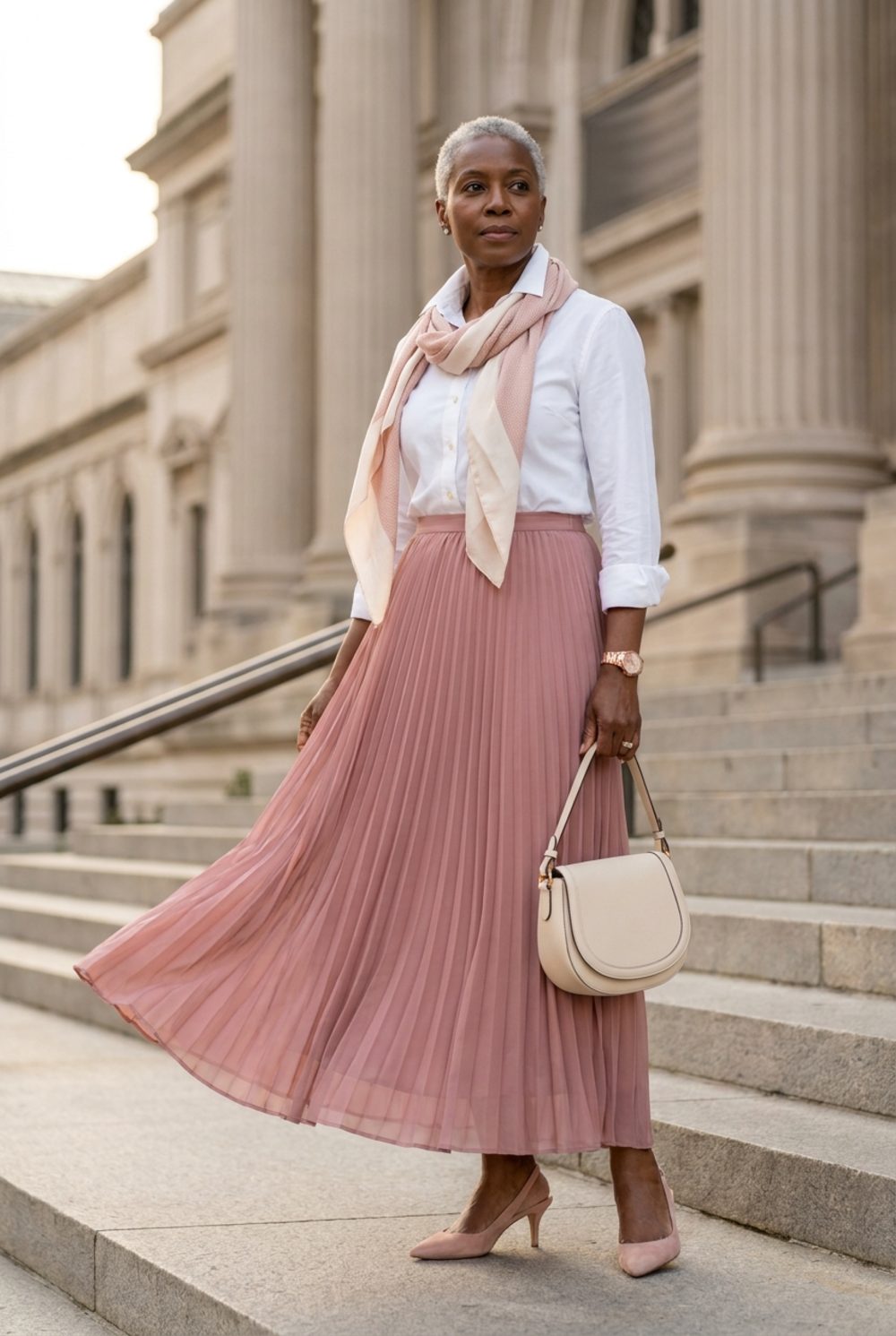 Dusty Rose Pleated Midi With a White Button-Down Is Quiet Power in Motion