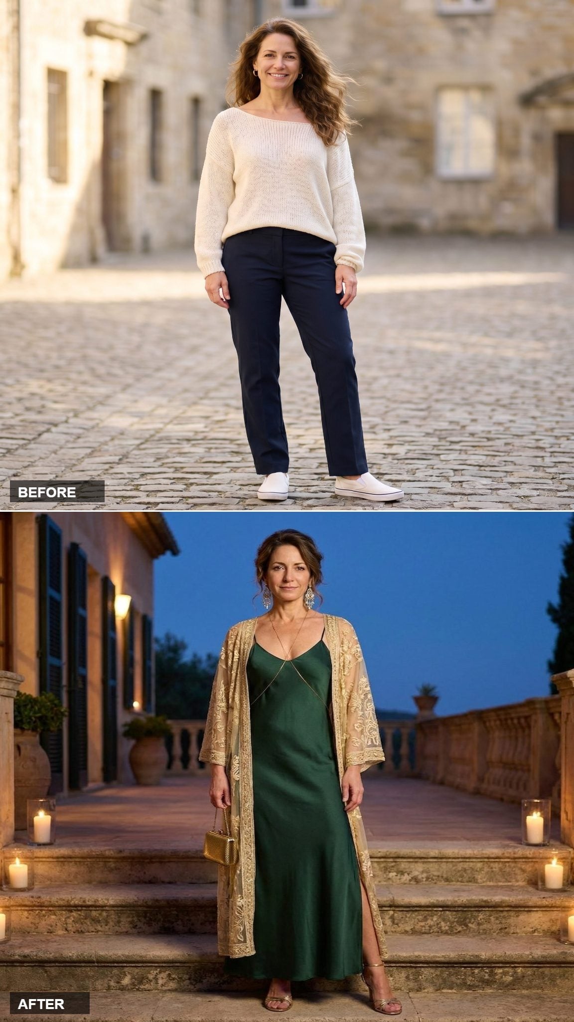 The Embroidered Kimono Moment: Forest Green Silk Dress and Gold Duster for Evening