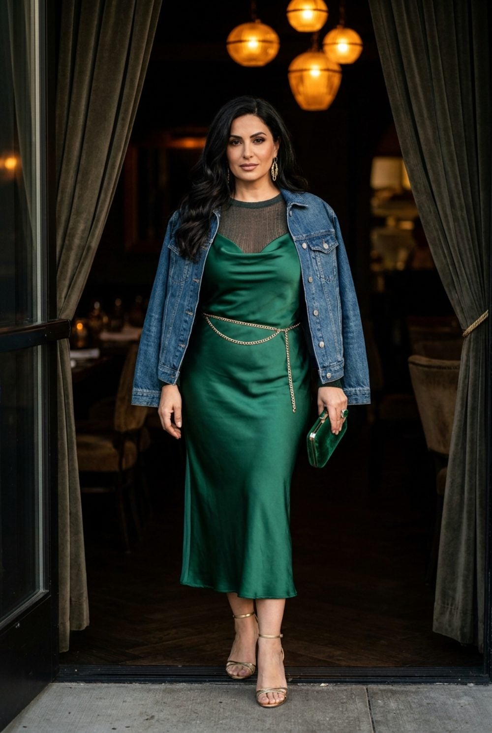 Emerald Satin Slip Dress With a Denim Jacket Thrown Over the Shoulders Like a Dare