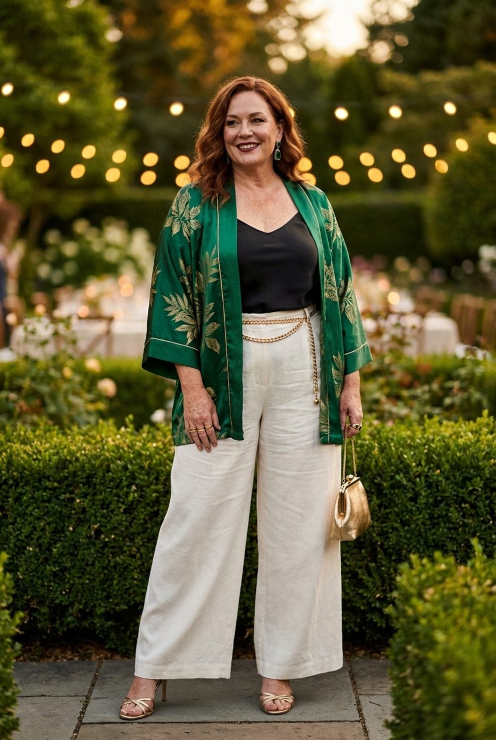Emerald Silk Kimono Over White Linen Wide-Legs: Garden Party Dressing, Nailed