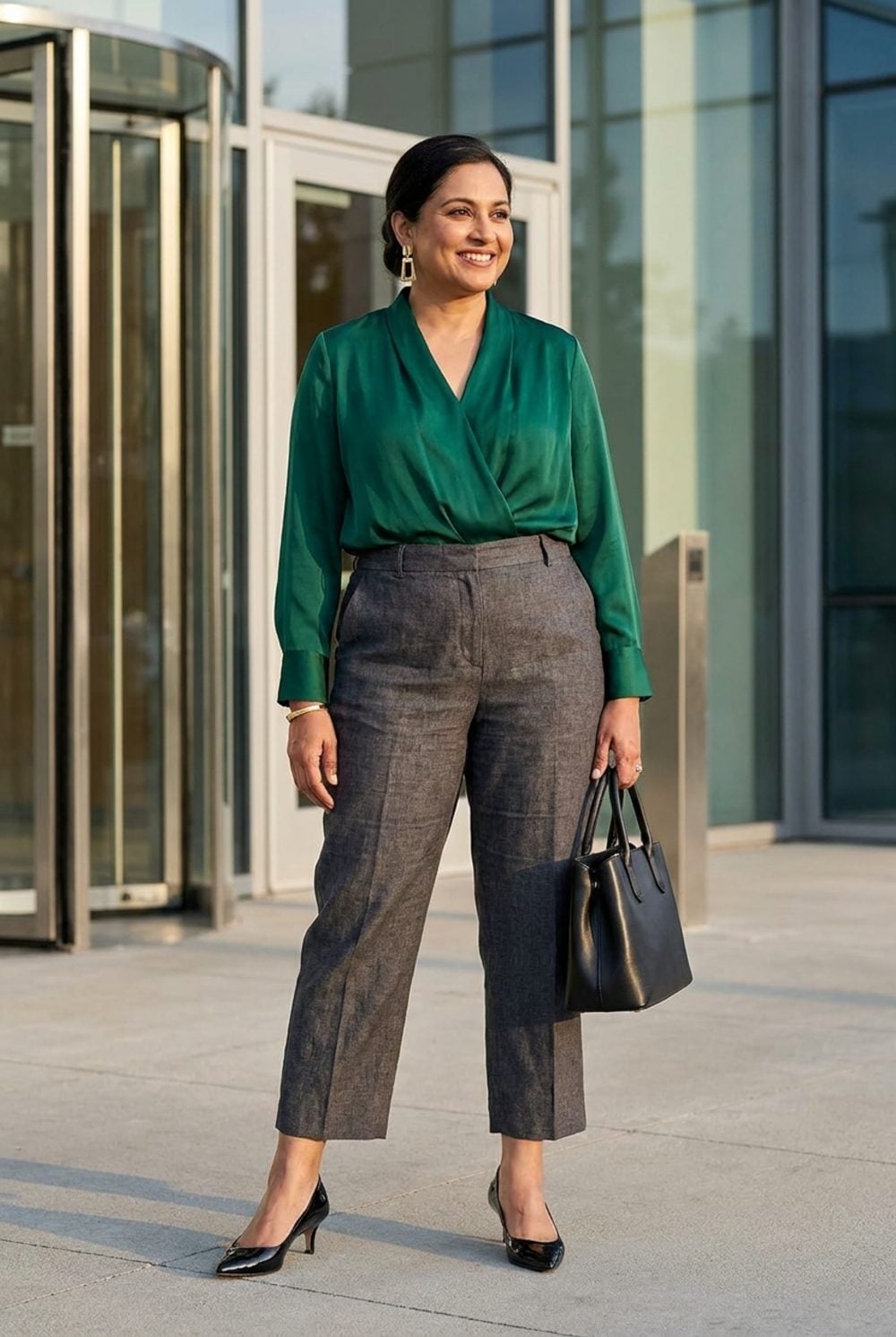 Emerald Silk Wrap Blouse Turns Charcoal Linen Trousers Into a Power Move