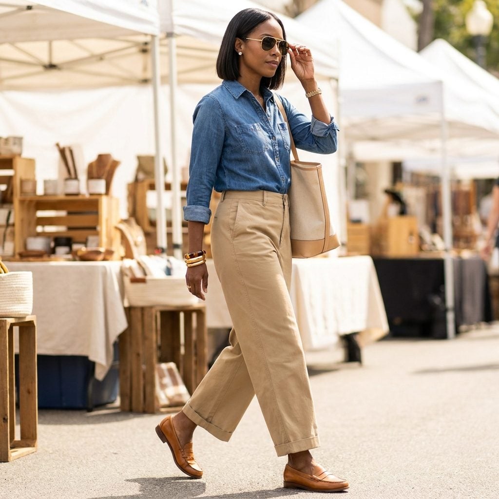 Fitted Denim Shirt Half-Tucked with Tan Leather Loafers and Wide-Leg Khaki Trousers