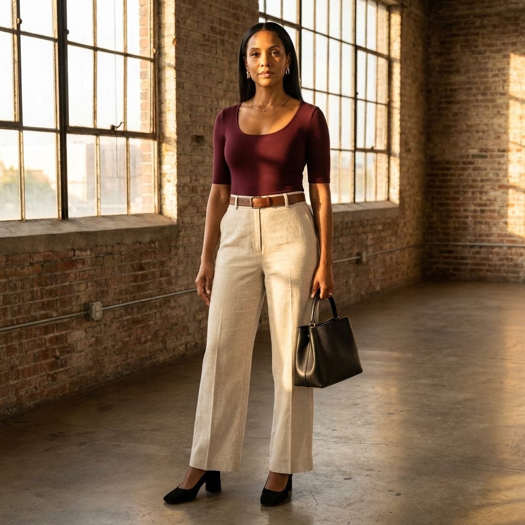 Fitted Long-Sleeve Scoop Neck with Ankle-Strap Block Heels and Wide-Leg Pants