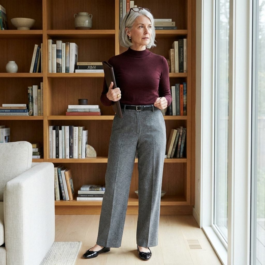 Fitted Mock-Neck Long-Sleeve with Pointed-Toe Flats and Wide-Leg Wool Trousers