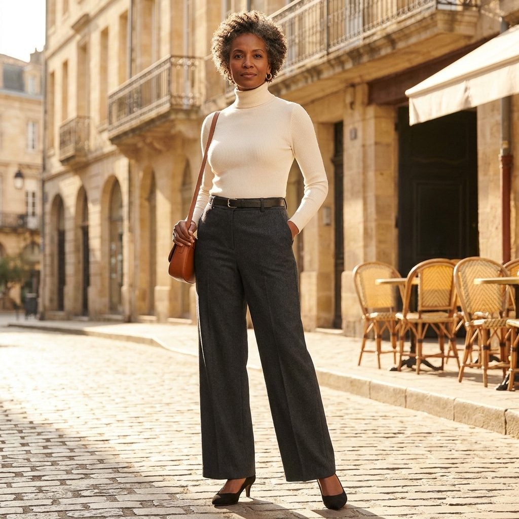 Fitted Ribbed Turtleneck Tucked into Wide-Leg Trousers with Pointed-Toe Kitten Heels