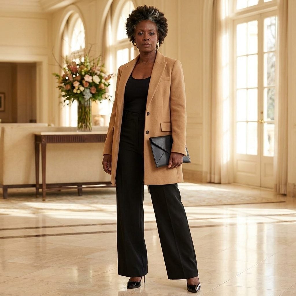 Fitted Scoop-Neck Tank Layered Under a Longline Structured Blazer with Pointed-Toe Heels