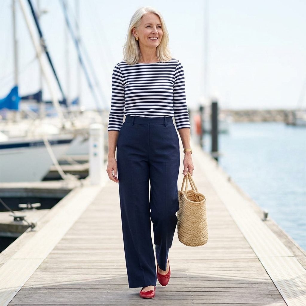 Fitted Striped Marinière Top with Pointed-Toe Ballet Flats and Wide-Leg Navy Trousers