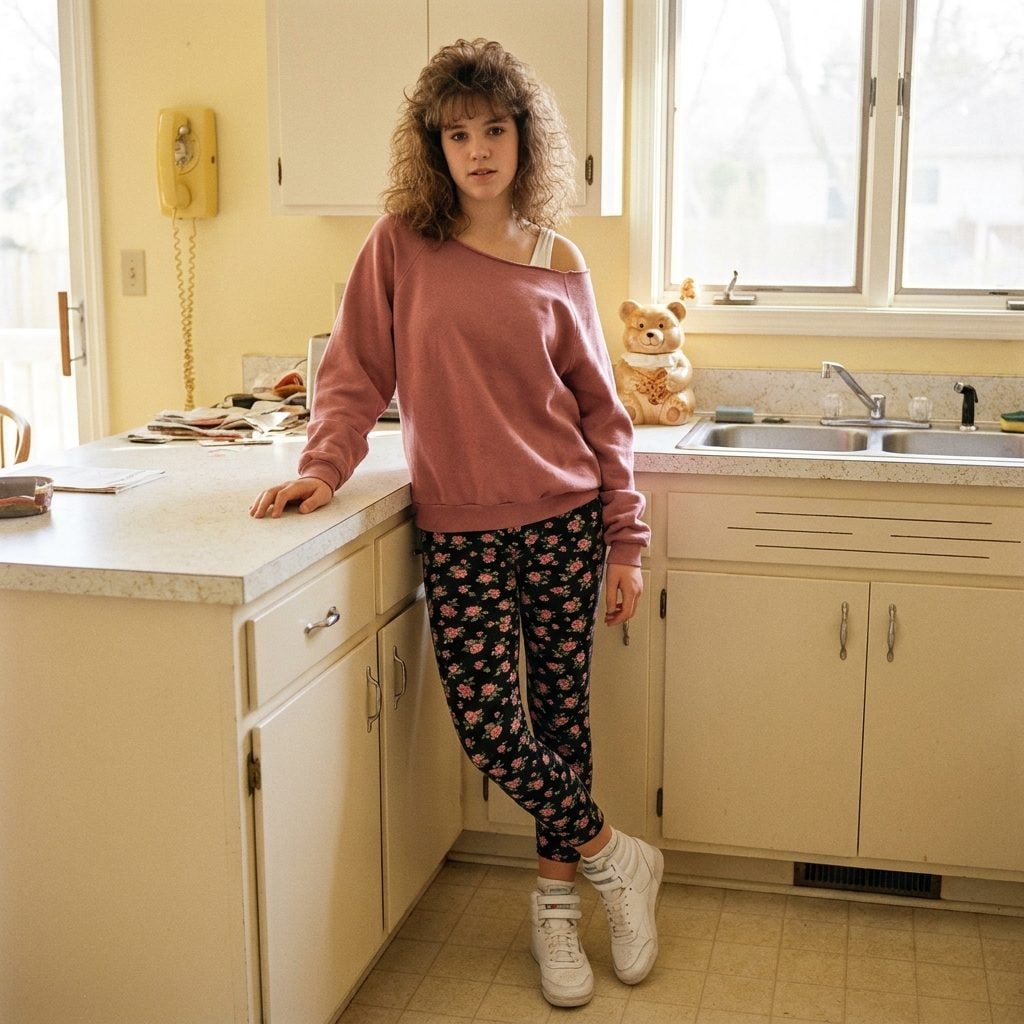 Floral Leggings Paired With a Solid Oversized Sweatshirt Cut Wide at the Collar