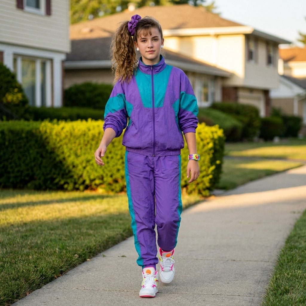 The Full Neon Windbreaker-and-Pants Set With a Side Ponytail and Scrunchie