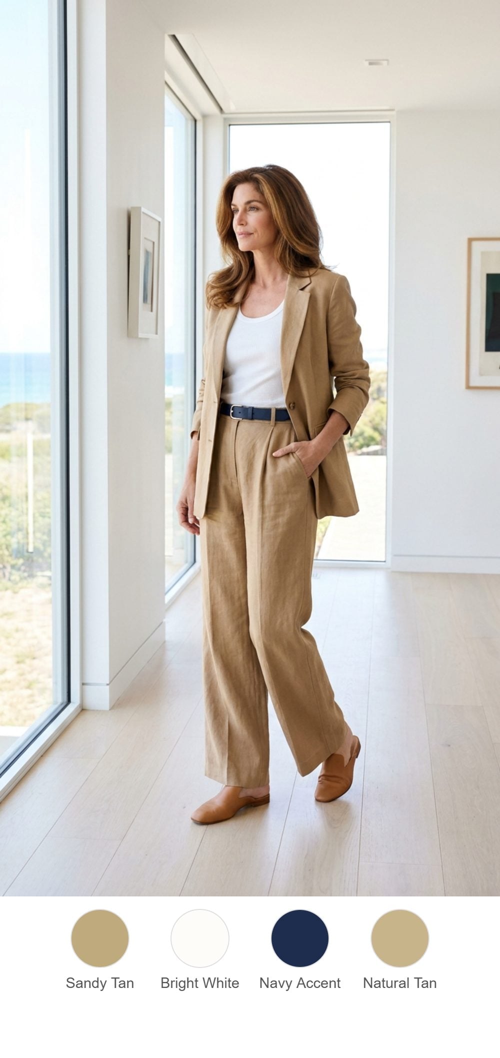 Gallery-Worthy Tan Linen Suit with a White Tank Underneath