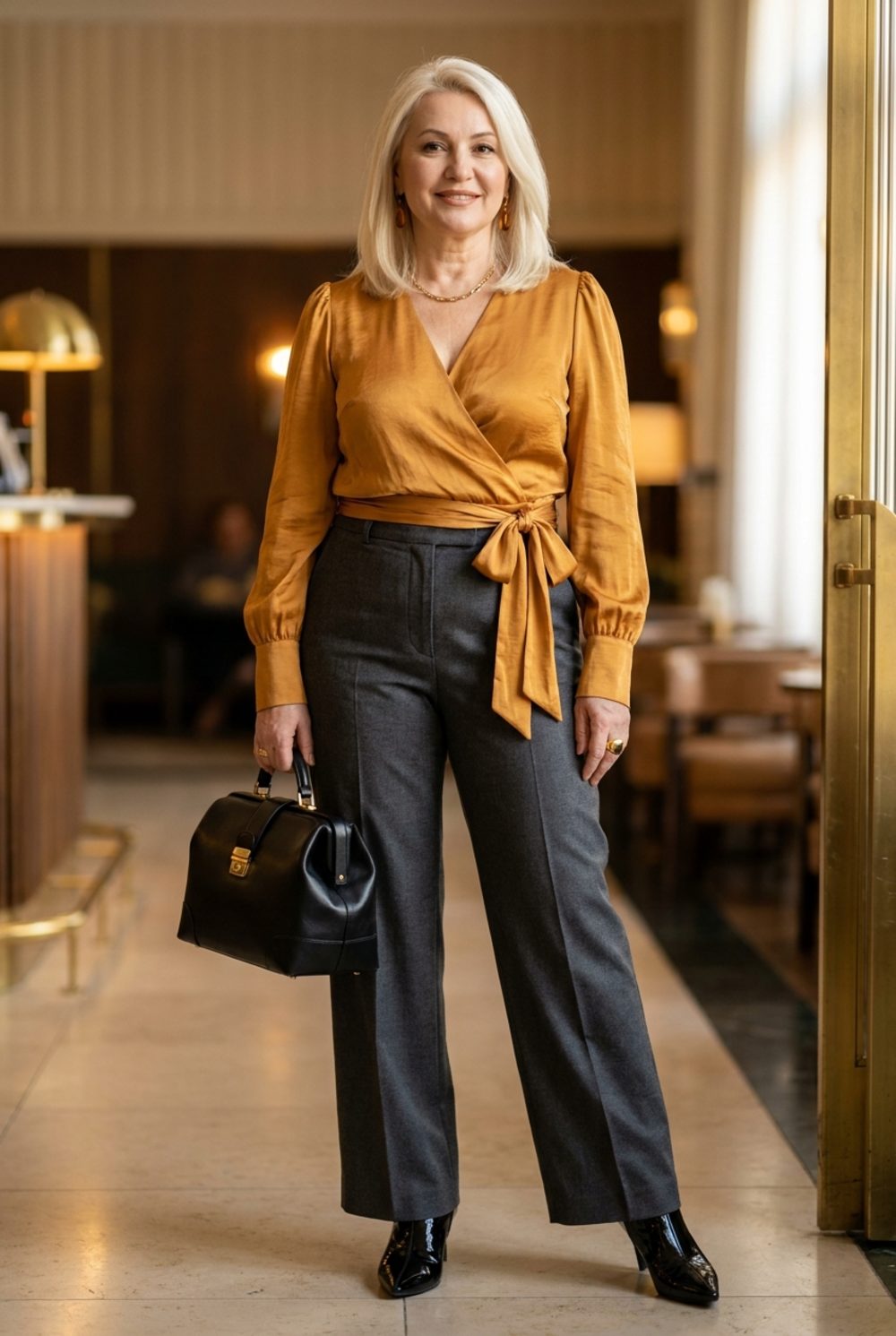 Golden Amber Wrap Blouse Over Charcoal Trousers, the Comeback Palette You Earned