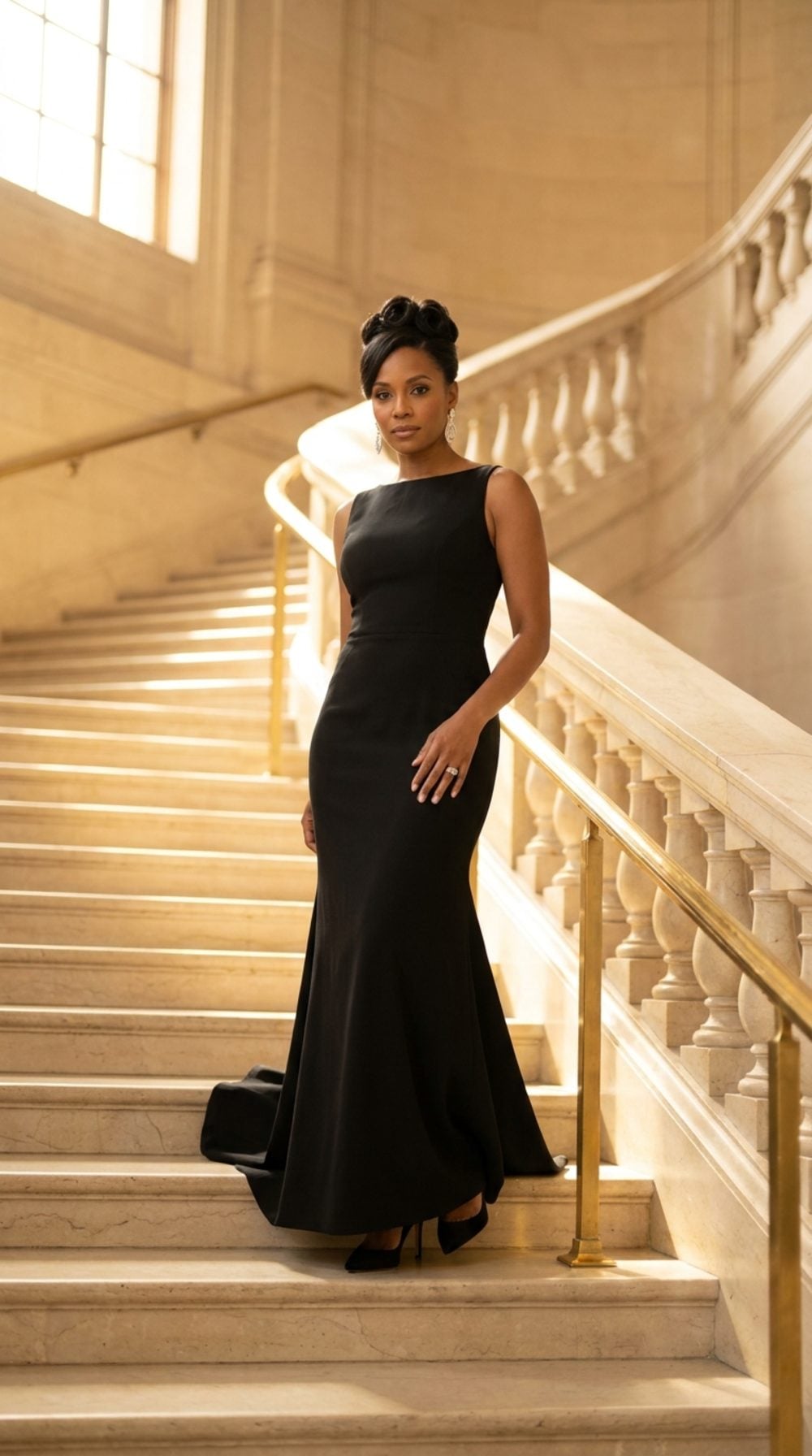 Grand Staircase Descent in Floor-Length Black: The Gala She Attends as the Woman She Always Was