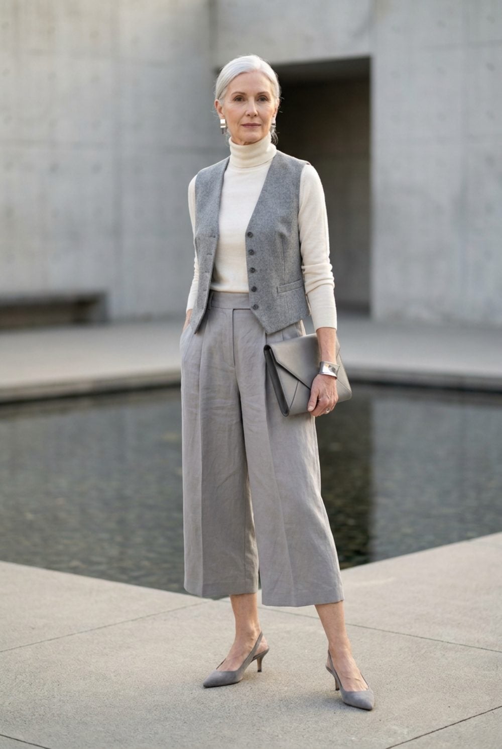Grey Wool Waistcoat Over a Cream Turtleneck: Borrowed-From-Him Energy, Perfected