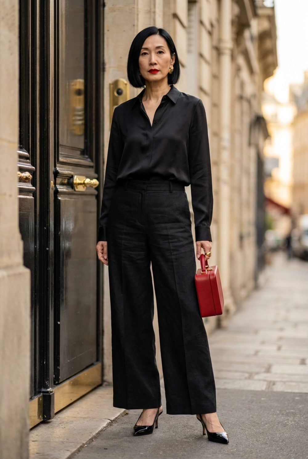 Head-to-Toe Black Linen Gets Its Entire Personality From a Red Box Bag