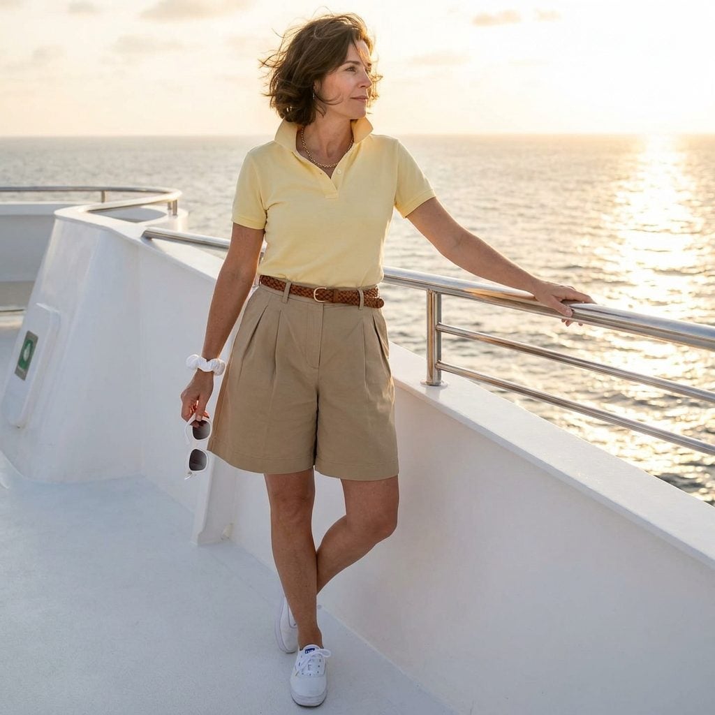 High-Waisted Pleated Shorts With a Tucked-In Polo Shirt