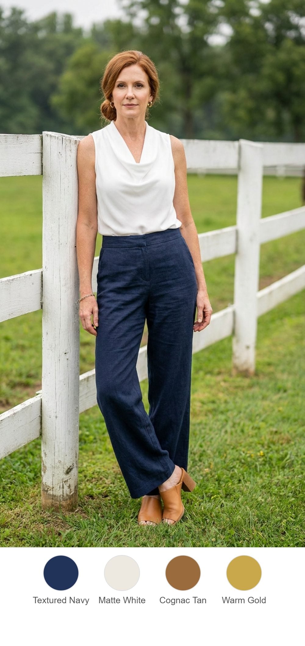 Horse Country in a White Cowl Neck and Wide Navy Trousers