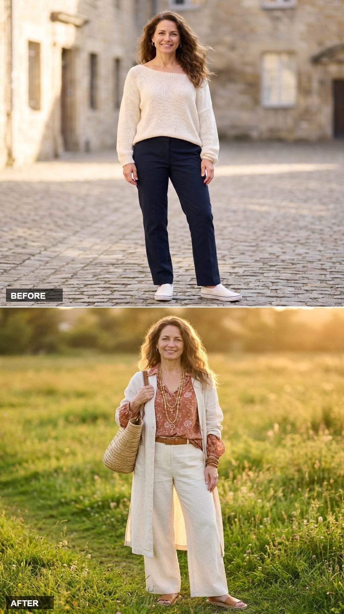 Ivory Linen Trousers, a Rust Floral Blouse, and a Long Cardigan: The Layered Bohemian Who Walks Into Every Room First