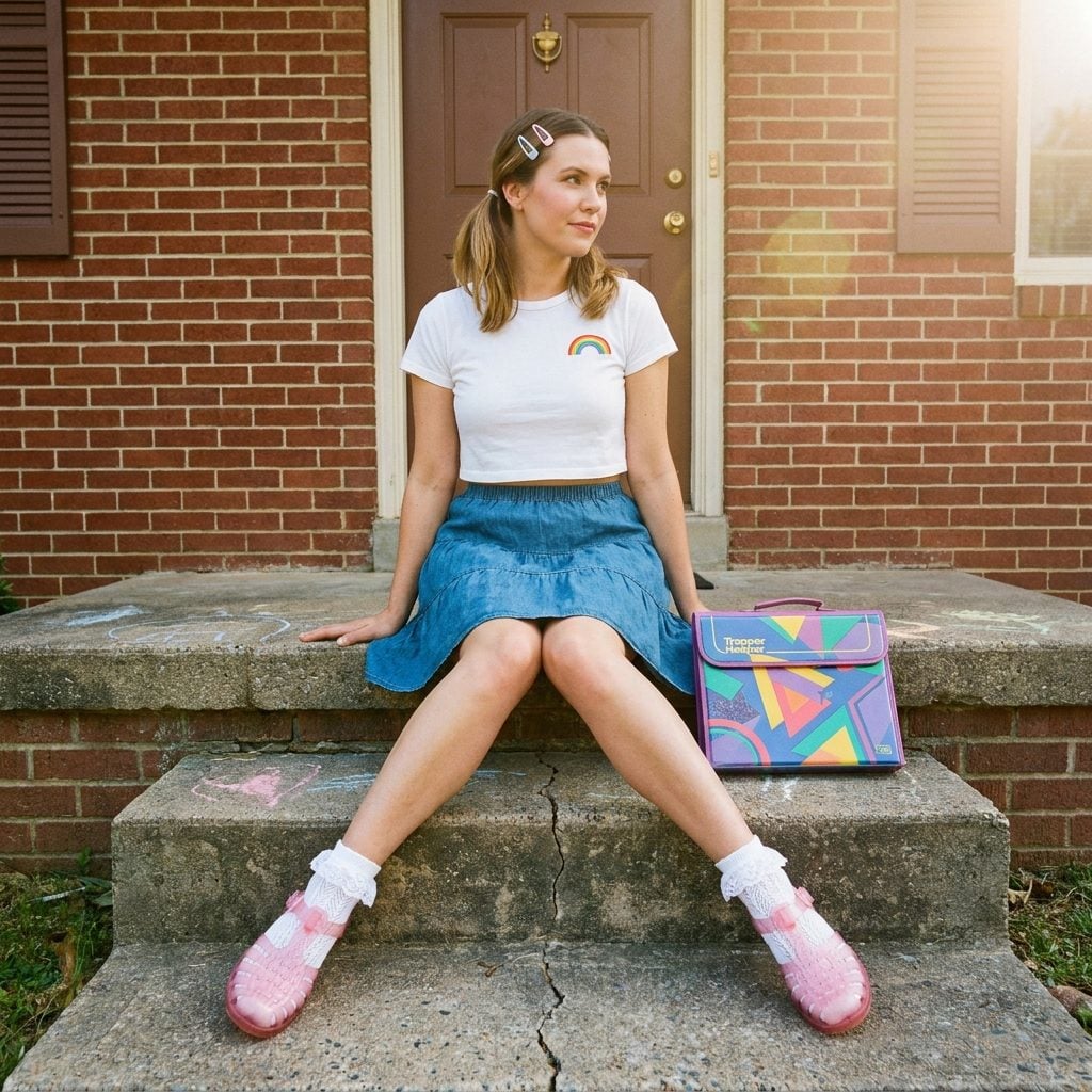Jelly Shoes Worn With Frilly Ankle Socks and a Tiered Denim Mini Skirt