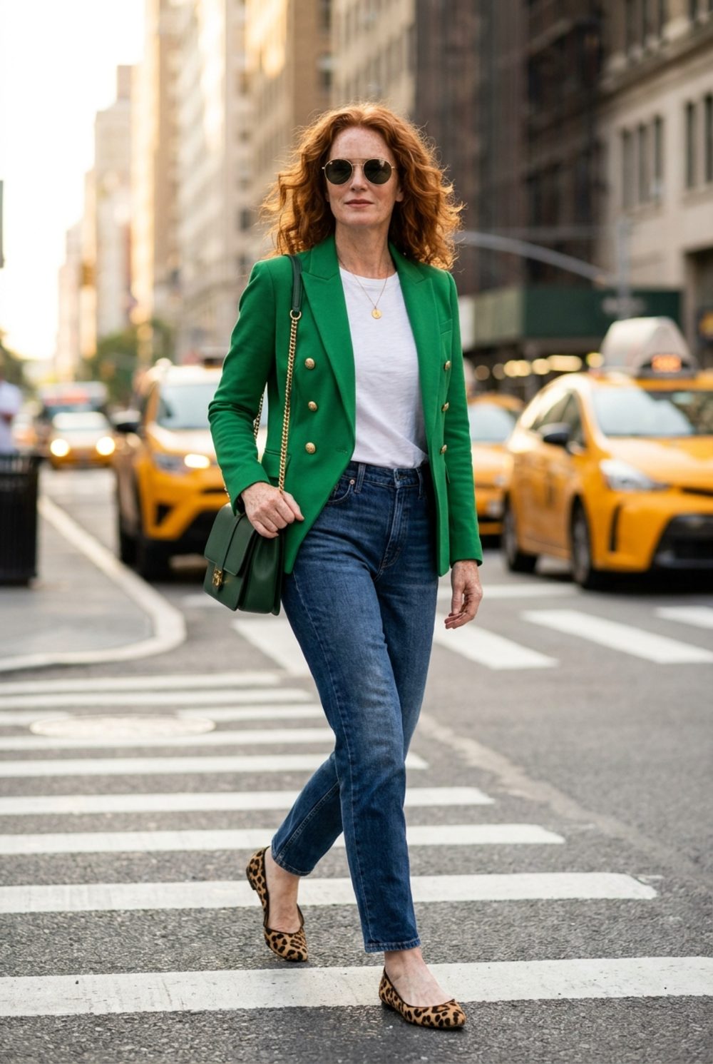 Kelly Green Double-Breasted Blazer with Gold Buttons Walks Like She Owns the Block