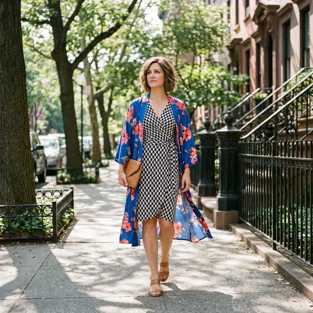 Layering a Kimono Over a Printed Dress When Both Carry Bold Competing Patterns